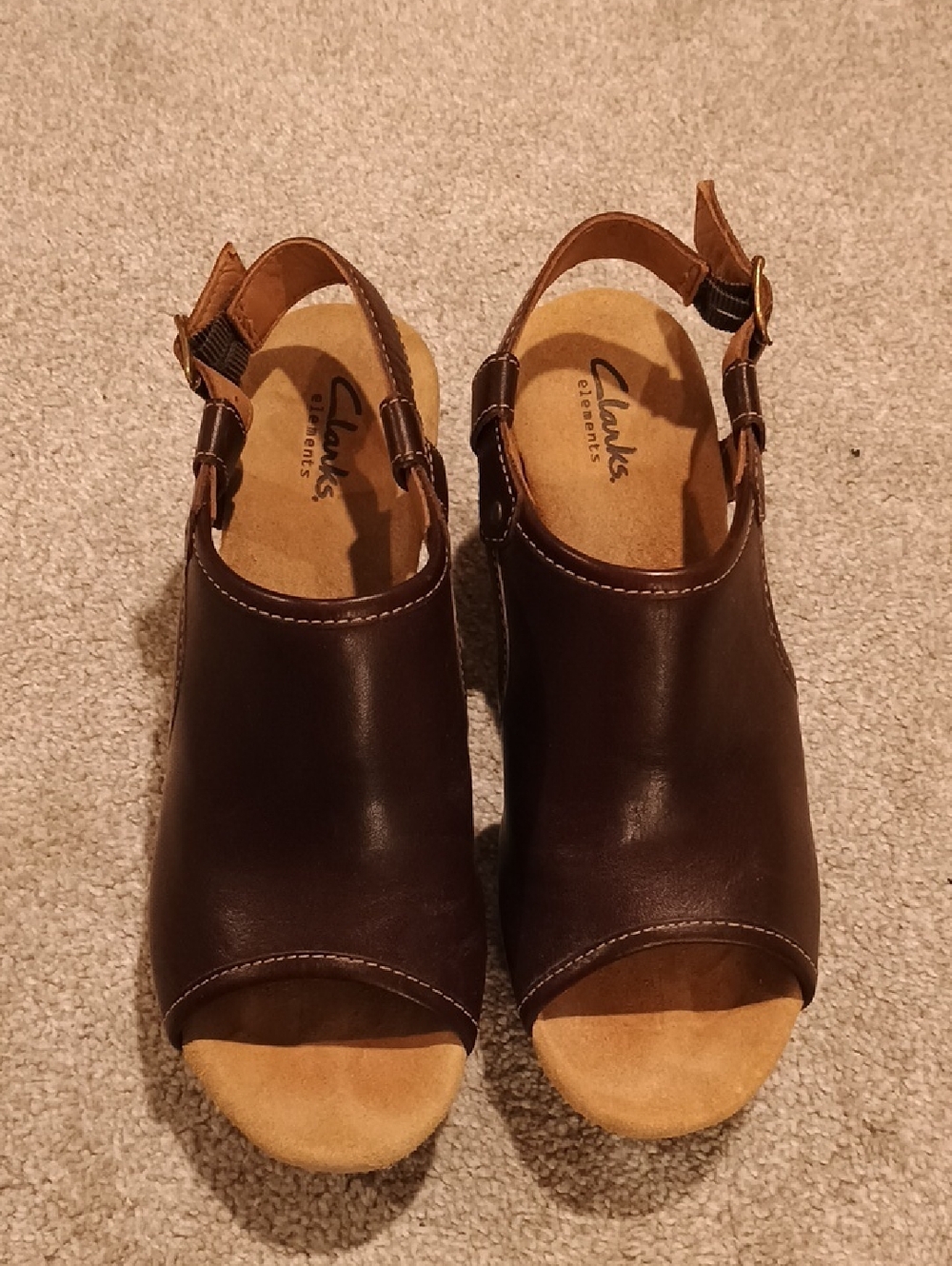 Clarks Brown Leather Peep-Toe Slingback Cork Platform Wedges